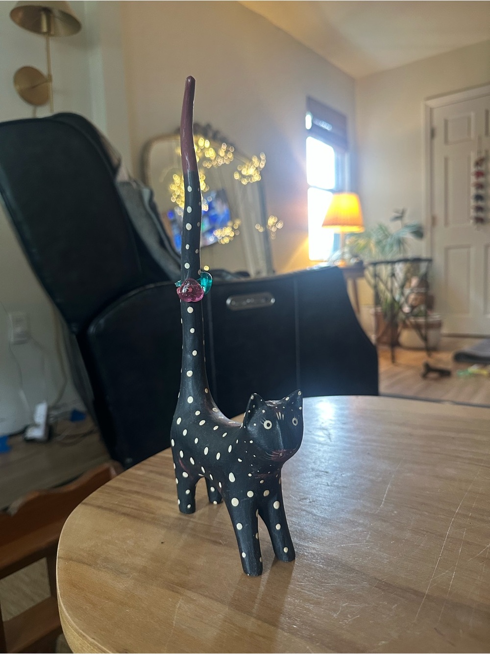 Handcrafted folk art Black Polka Dot Cat Figurine decor ring holder ect. 12”Tall